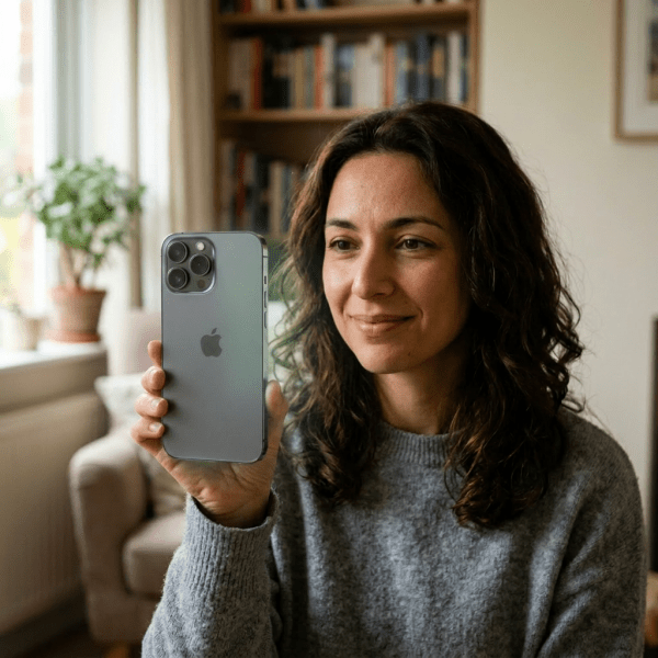 Woman holding smartphone showing facial scan with grid overlay