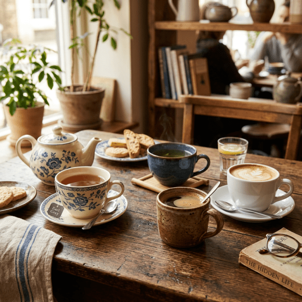 Teapot, cup of tea with Earl Grey tag, cup of green tea, cup of black coffee, cappuccino with latte art, cookies, and book on wooden table