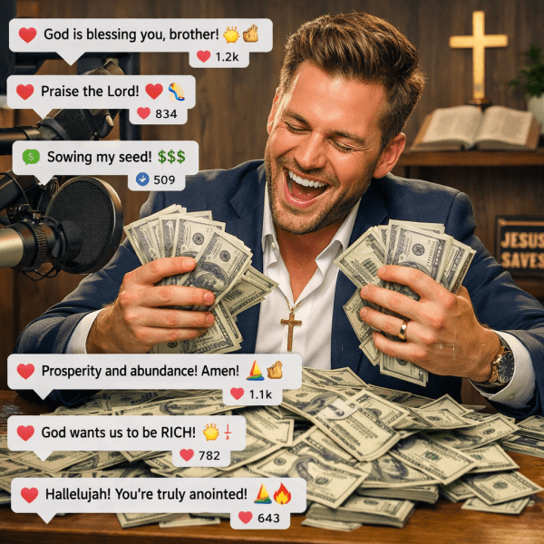 Man holding stacks of dollar bills with prosperity gospel social media comments