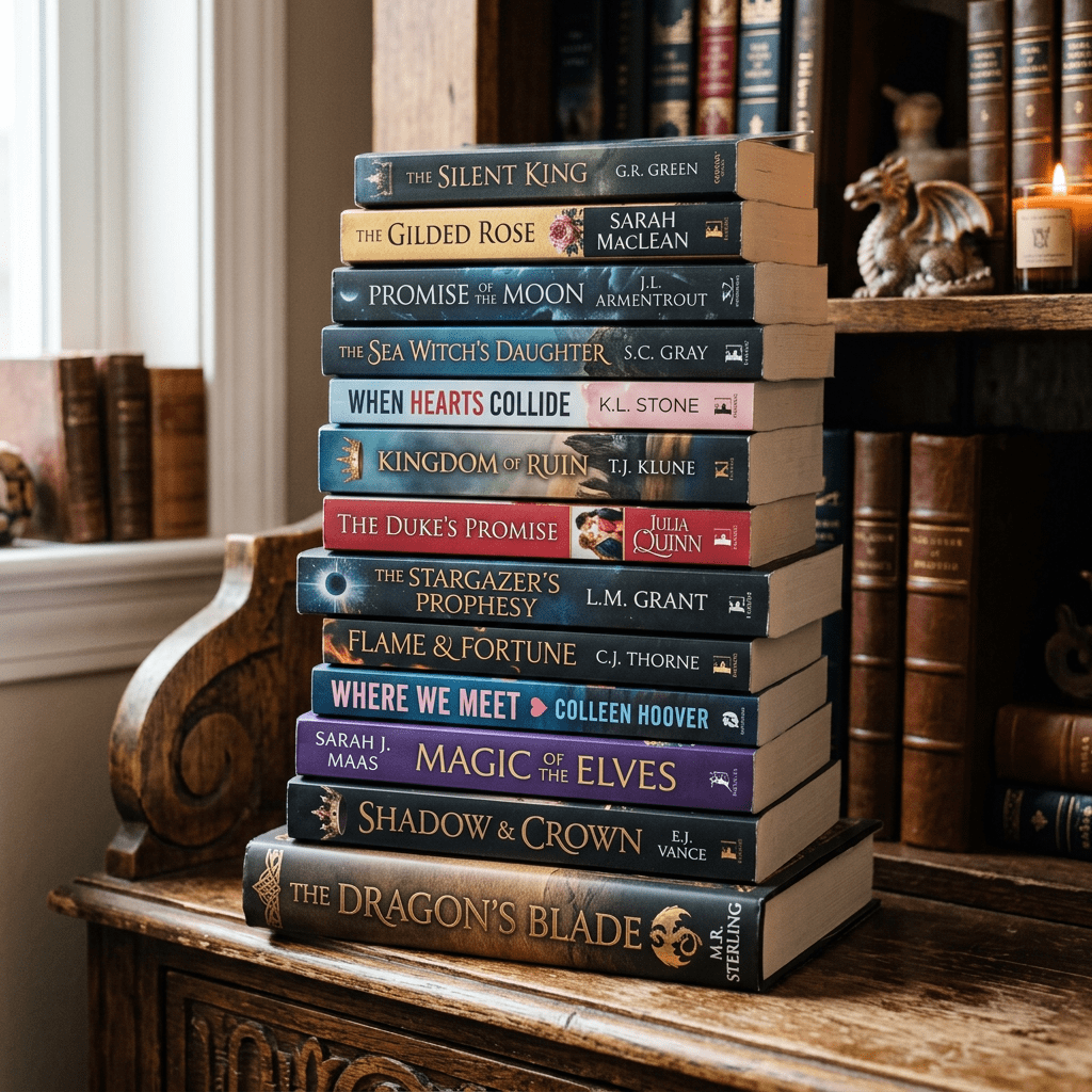 Stack of fifteen fantasy and romance paperback books on a wooden table near a window