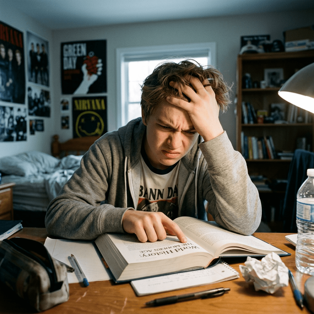 Teenager looking frustrated while reading a history book at a desk