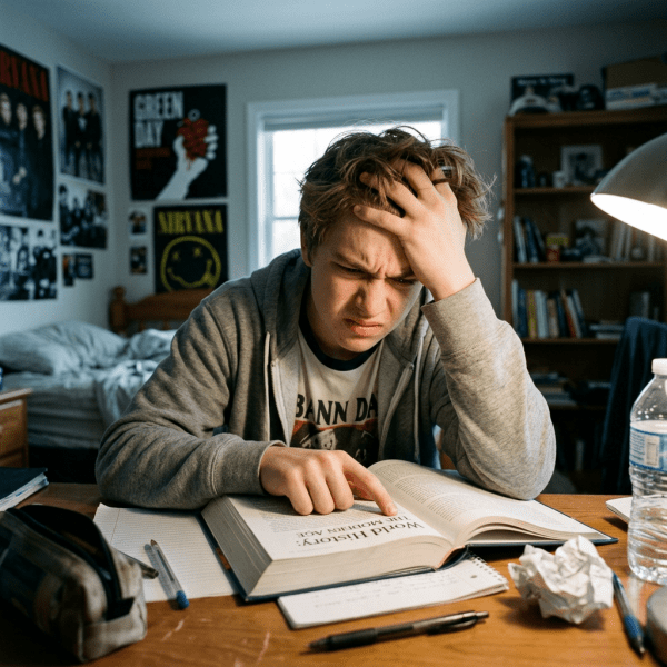 Teenager looking frustrated while reading a history book at a desk