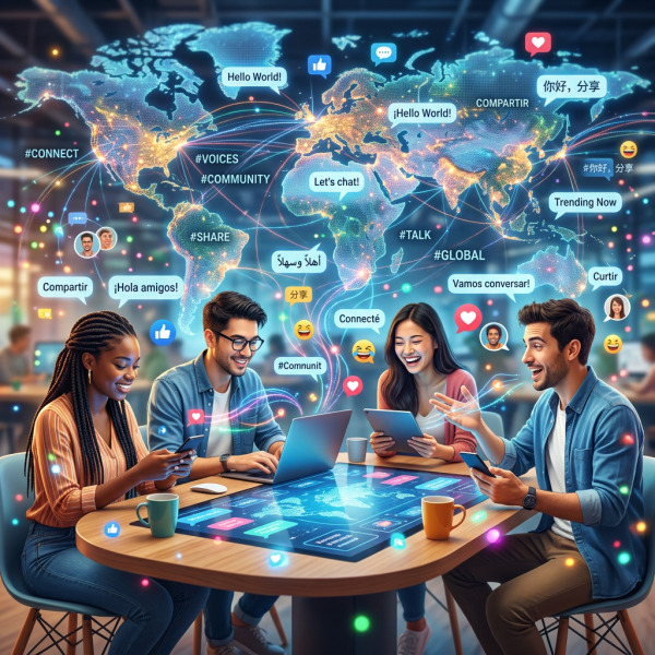 Four young adults using smartphone, laptop, and tablet while digital social network map glows behind
