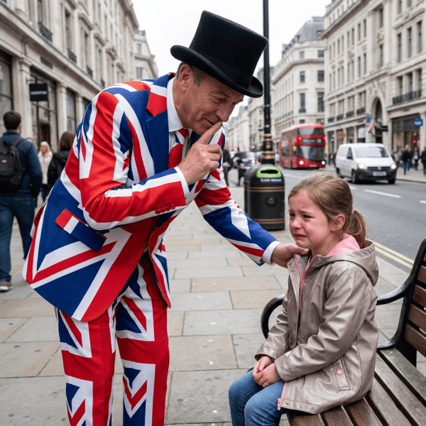 Man in Union Jack suit and top hat comforting crying girl on bench in city street