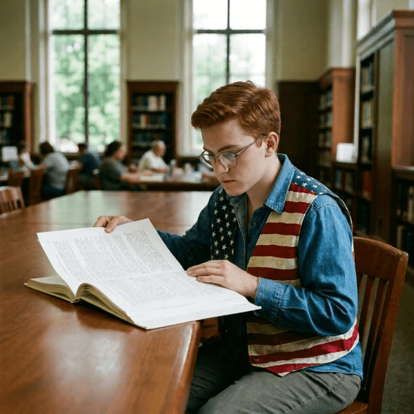 Elderly woman wearing American flag vest reading a large book at a library table