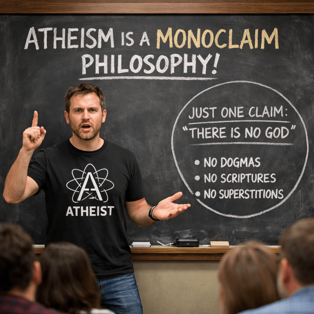 Man explaining atheism philosophy with key points on chalkboard