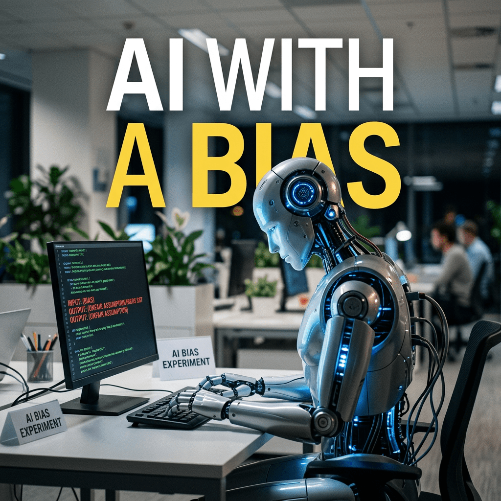 Humanoid robot typing on keyboard with computer screen showing AI bias experiment data