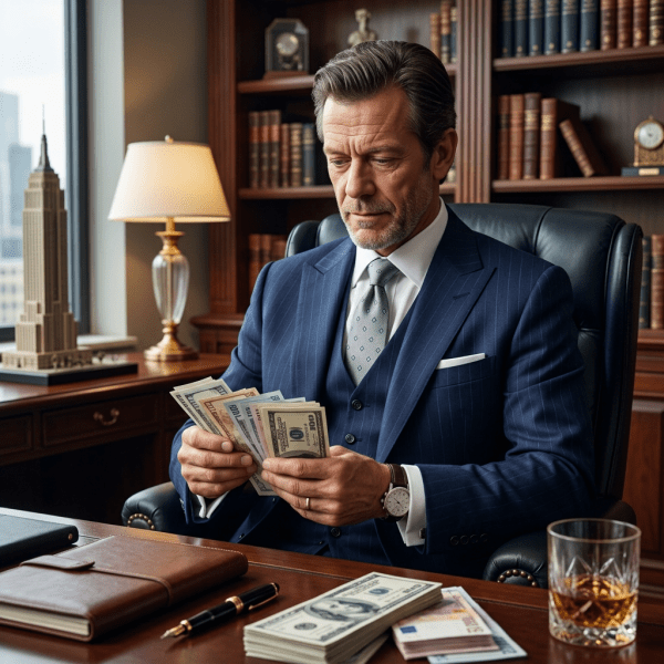 Man in worn clothing counting money while sitting on the ground in an alley