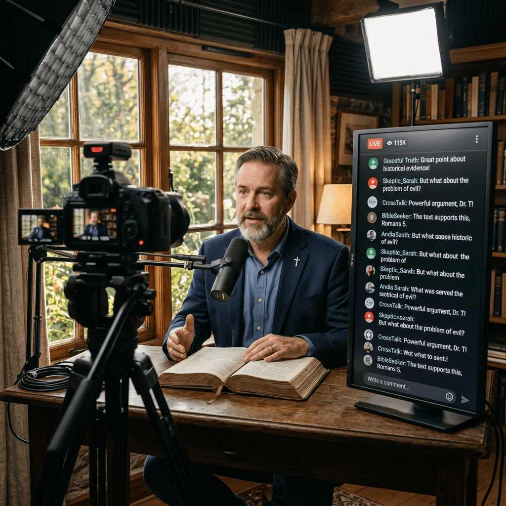 Man discussing Bible in livestream with live chat messages on screen