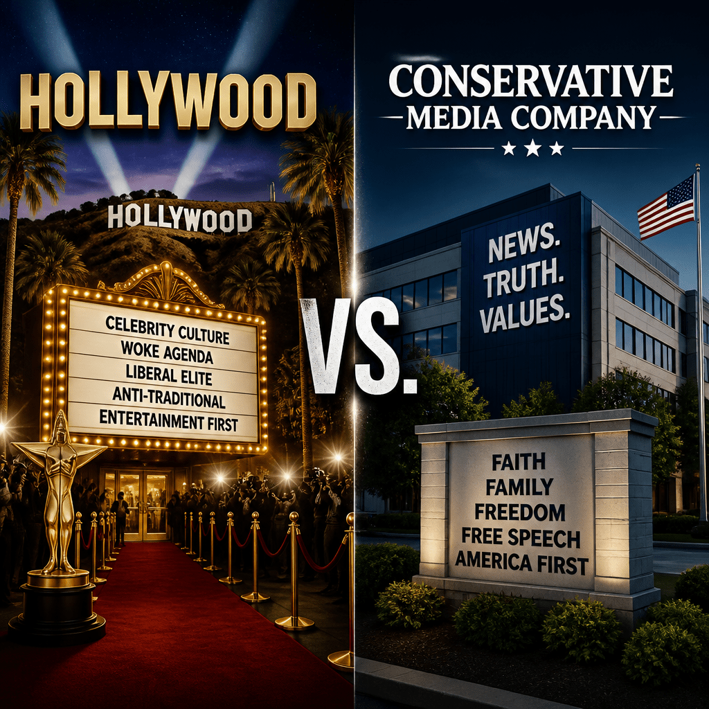Split graphic reading HOLLYWOOD, celebrity culture, woke agenda, liberal elite, anti-traditional, entertainment first versus CONSERVATIVE MEDIA COMPANY, news, truth, values, faith, family, freedom, free speech, America first.
