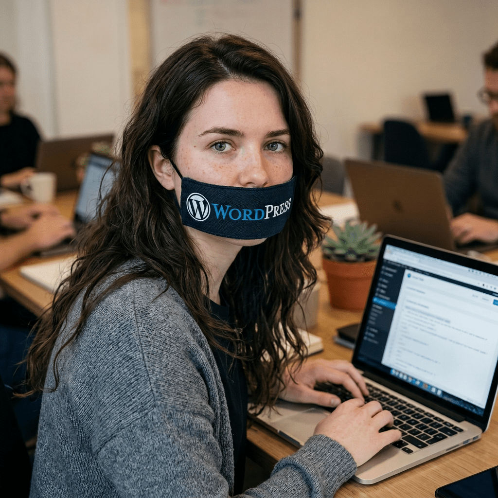 Person wearing WordPress mask while working on laptop in office