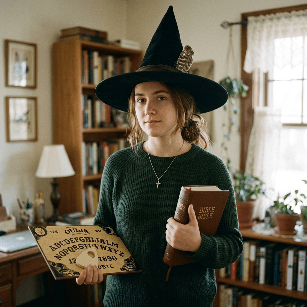 Woman wearing witch hat holds Ouija board and Bible; board reads YES, OUIJA, NO, alphabet, numbers, GOODBYE.