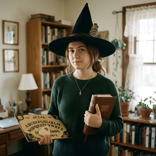Woman wearing witch hat holds Ouija board and Bible; board reads YES, OUIJA, NO, alphabet, numbers, GOODBYE.