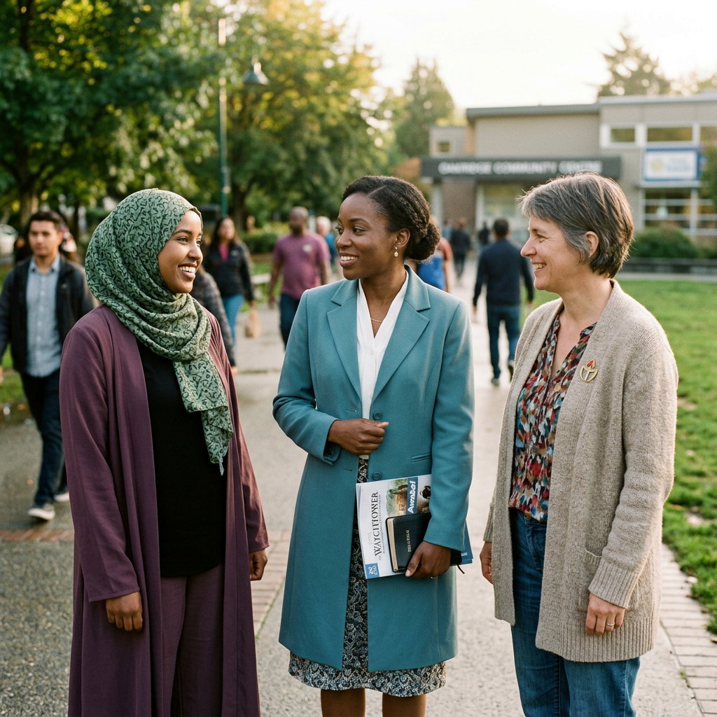 Three women talking outside a community center with pedestrians behind them