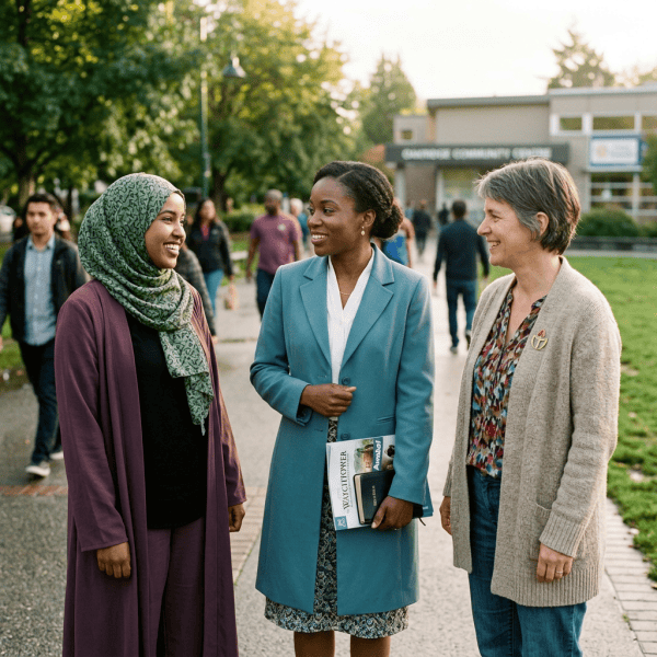Three women talking outside a community center with pedestrians behind them