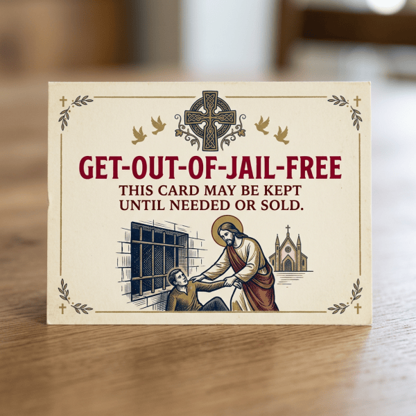 Card reading “GET-OUT-OF-JAIL-FREE THIS CARD MAY BE KEPT UNTIL NEEDED OR SOLD.”