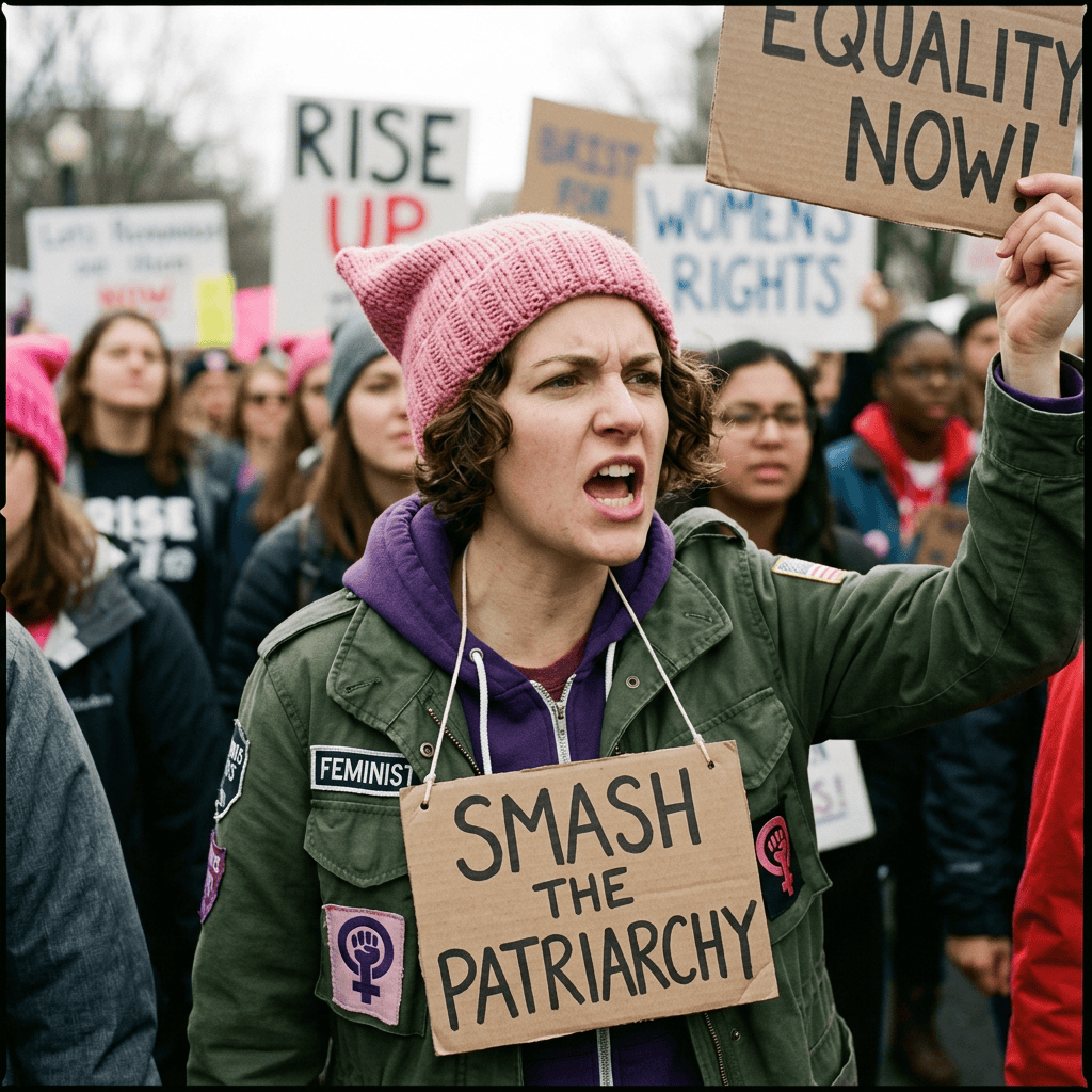 Protester holding an Equality Now sign at a feminist rally