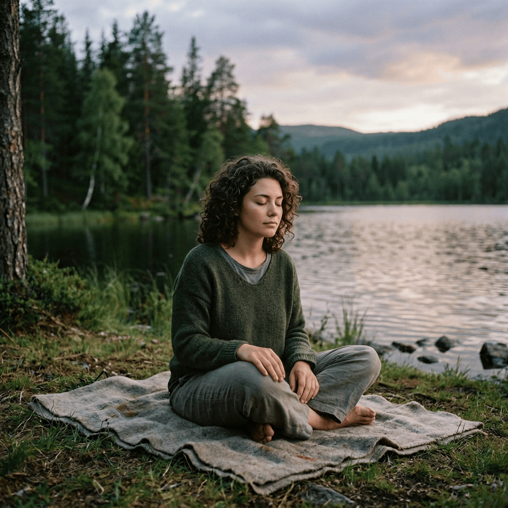 Woman sitting on a blanket reading beside a forested mountain lake