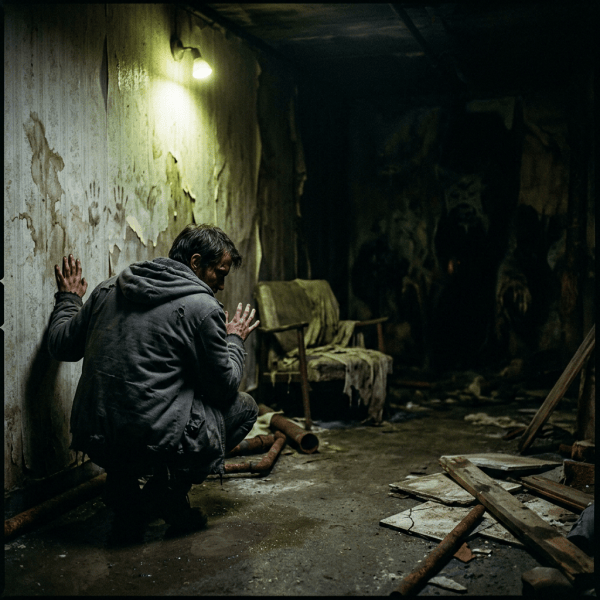 Crouching man bracing against a decaying wall in a dark room